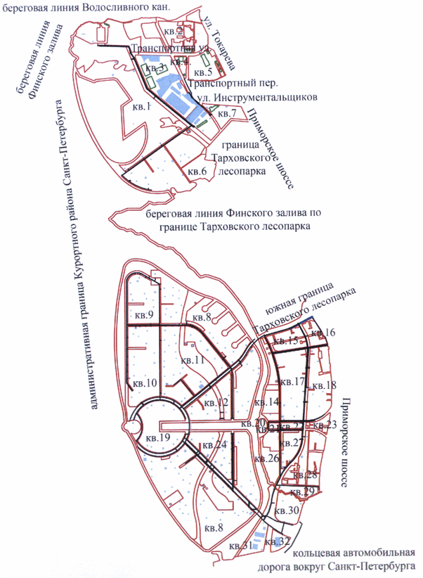 Постановление Правительства Санкт-Петербурга от 29.12.2014 N 1296 "Об утверждении проекта планировки с проектом межевания территории, ограниченной береговой линией Водосливного кан., ул.Токарева, Приморским шоссе, Транспортным пер., ул.Инструментальщиков, Приморским шоссе, границей Тарховского лесопарка, береговой линией Финского залива по границе Тарховского лесопарка, южной границей Тарховского лесопарка, Приморским шоссе, кольцевой автомобильной дорогой вокруг Санкт-Петербурга, административной границей Курортного района Санкт-Петербурга, береговой линией Финского залива, в Приморском и Курортном районах"